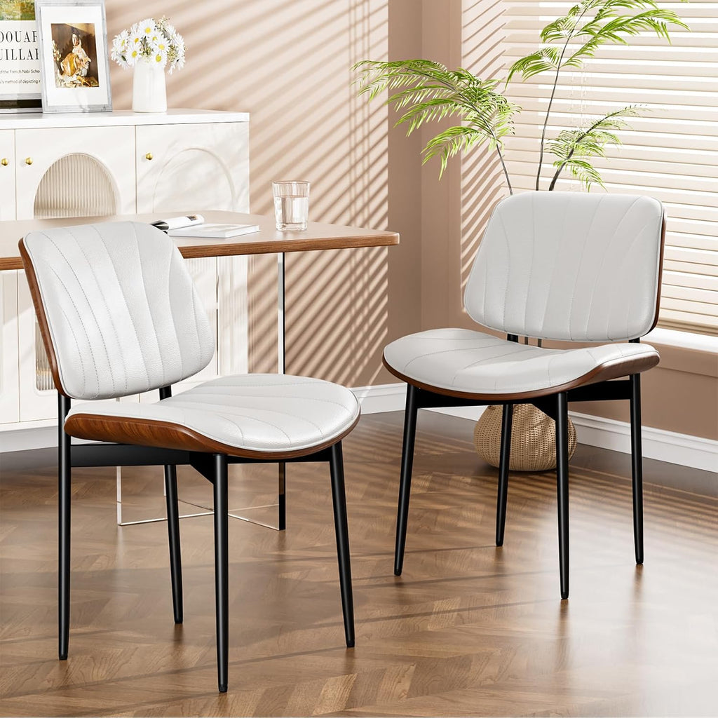 YaFiti Dining Chairs Set of 2, Mid Century Modern PU Leather Kitchen Chairs | Ergonomic Walnut Backrest, Upholstered Waterproof Faux Leather Seat, Stable Metal Legs, Adjustable Footpads, White Scallop