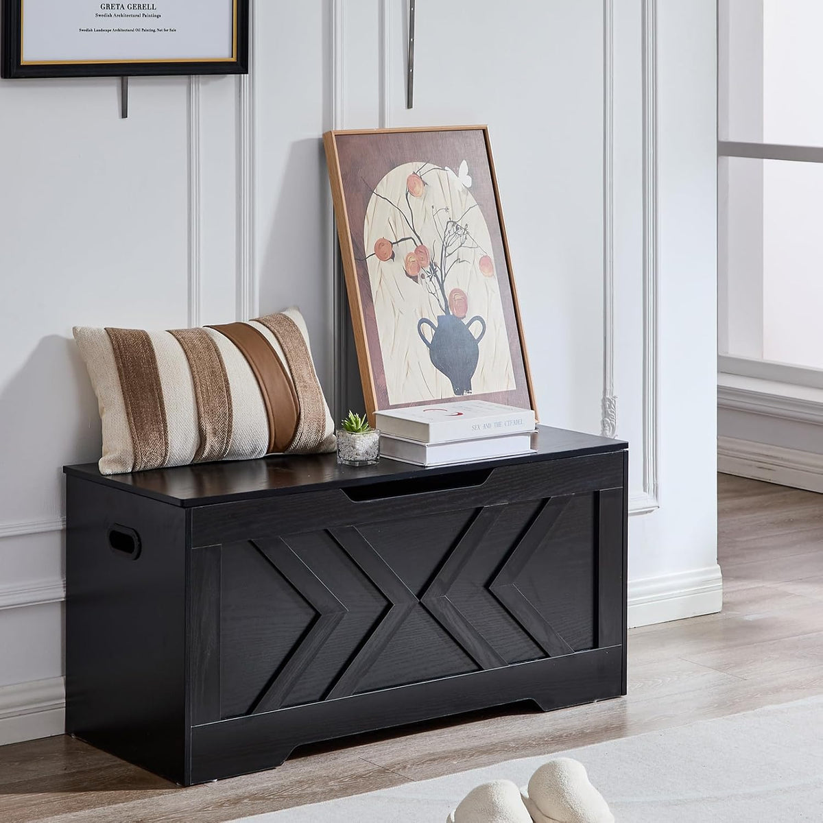 39.3” Storage Bench, Extra Large Entryway Bench with Storage,Storage Chest with 2 Safety Hinges,Blanket Storage,Shoe Storage Chest for Bedroom,Living Room,Easy Assembly.-Ink Black