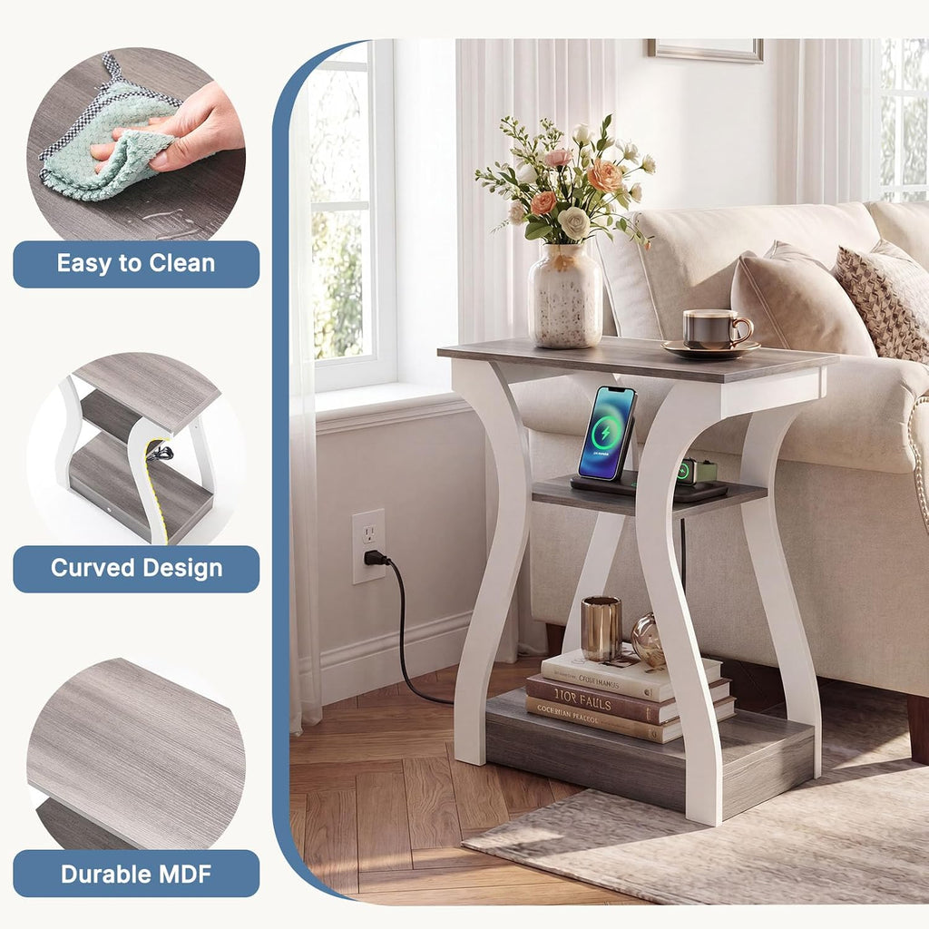 OLIXIS End Table with Charging Station, Modern Curved Nightstand Set of 2