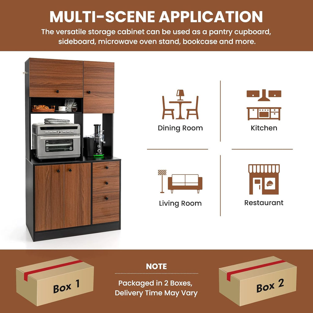LOKO 71” Tall Kitchen Pantry Storage Cabinet, Freestanding Buffet Hutch with Doors, Adjustable Shelves, 3 Drawers and Microwave Stand, Kitchen Hutch for Dining Room, Living Room (Walnut)