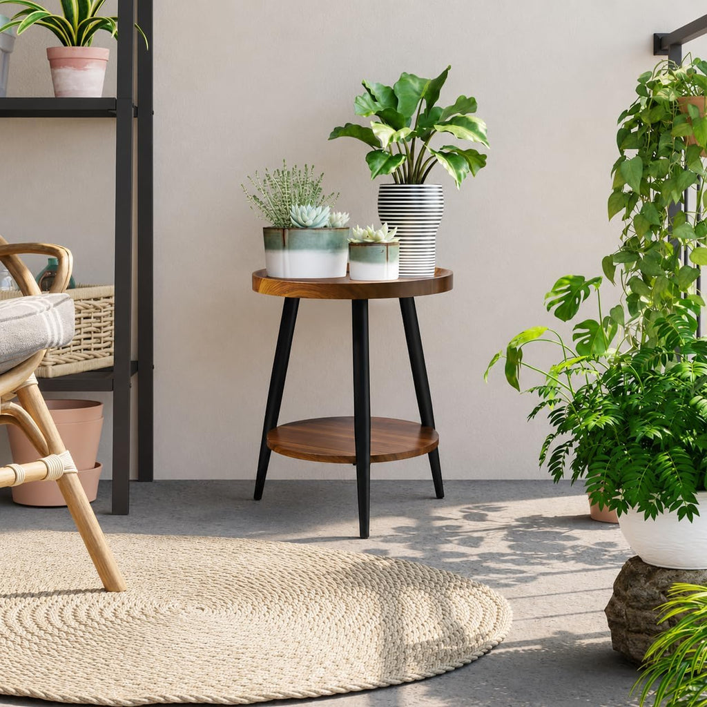 Small Round Side Table, 2-Tier Mid Century Modern Side Table, Round End Table Small End Table for Living Room, Metal Frames, Brown