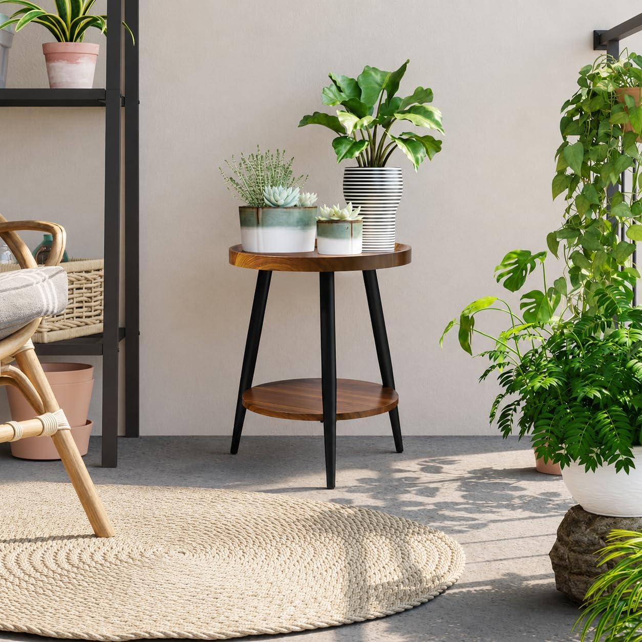 Small Round Side Table, 2-Tier Mid Century Modern Side Table, Round End Table Small End Table for Living Room, Metal Frames, Brown