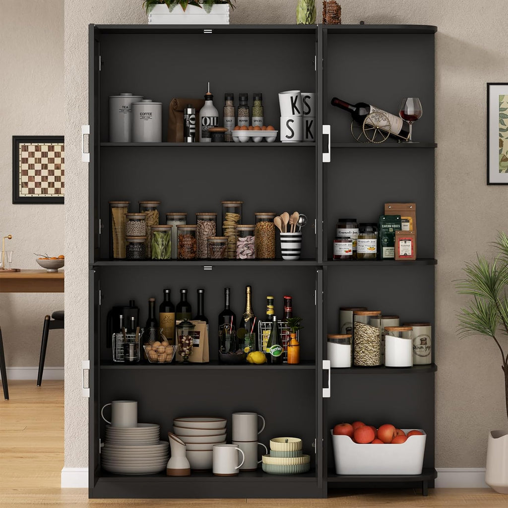 Loomie Kitchen Pantry Storage Cabinet, 64" Tall Freestanding Cupboard | Food Pantry Cabinet with Doors & Adjustable Shelves & 5-Tier External Shelf for Dining Room (Black)