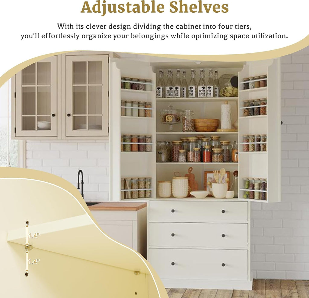 Farmhouse Kitchen Pantry,Extra Large Kitchen Pantry Cabinet, Freestanding Tall Cupboard Storage Cabinet with 3 Adjustable Shelves, 8 Door Shelves, 3 Drawers for Dining Room (Cream)