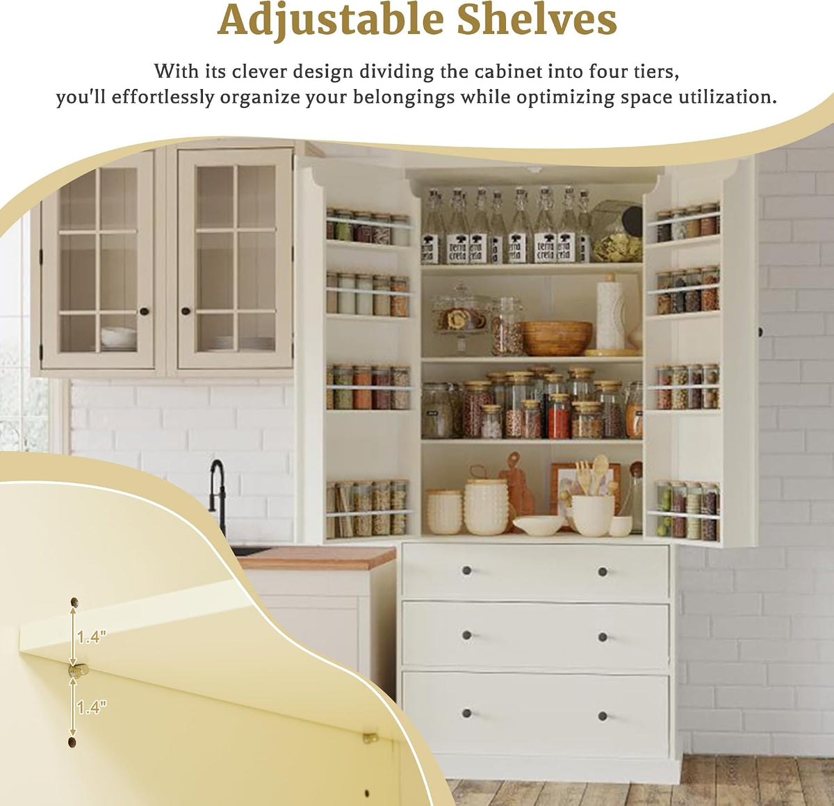 Farmhouse Kitchen Pantry,Extra Large Kitchen Pantry Cabinet, Freestanding Tall Cupboard Storage Cabinet with 3 Adjustable Shelves, 8 Door Shelves, 3 Drawers for Dining Room (Cream)