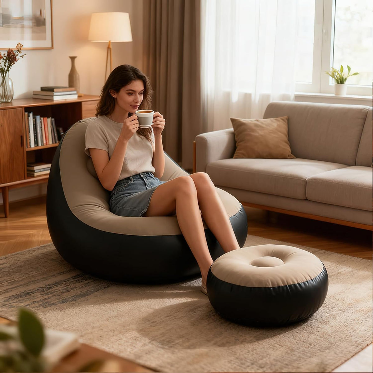 Plush Inflatable Sofa with Foot Pedals, Japanese Lazy Sofa, Thick Seat Cushion, Tatami Style (Orange)