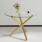Modern Dining Room Table for 4 People, 36" Round Dining Table with Gold Chrome Metal X-Base, Circle Tempered Glass Dining Room Tables, Small Dining Table Kitchen Tables Dinner Tables