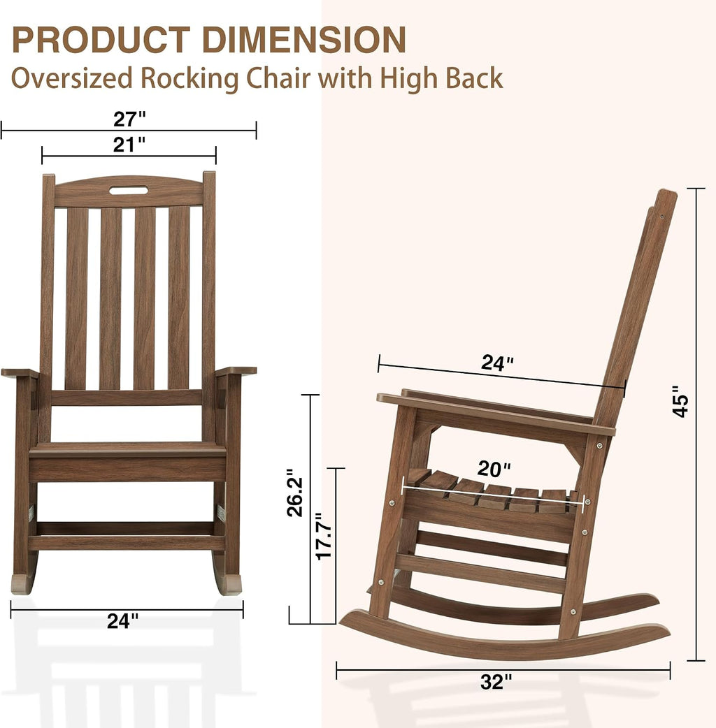 Psilvam Oversized Outdoor Rocking Chair, HDPE Porch Rocker (Dark Brown) | High Back Rocking Chairs for Adult, 350lbs Weight Capacity, All-Weather Patio Rocker for Garden Balcony