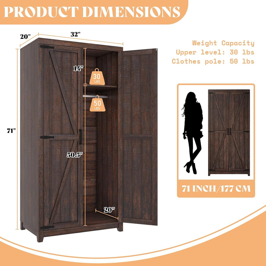 LUXOAK 70" Large Farmhouse Wardrobe Closet with Hanging Rod & Barn Doors | Wooden Bedroom Armoires with Shelf, Organized Wardrobe Cabinet for Clothing, Anti-Tip Kit, Tall Closet, Espresso