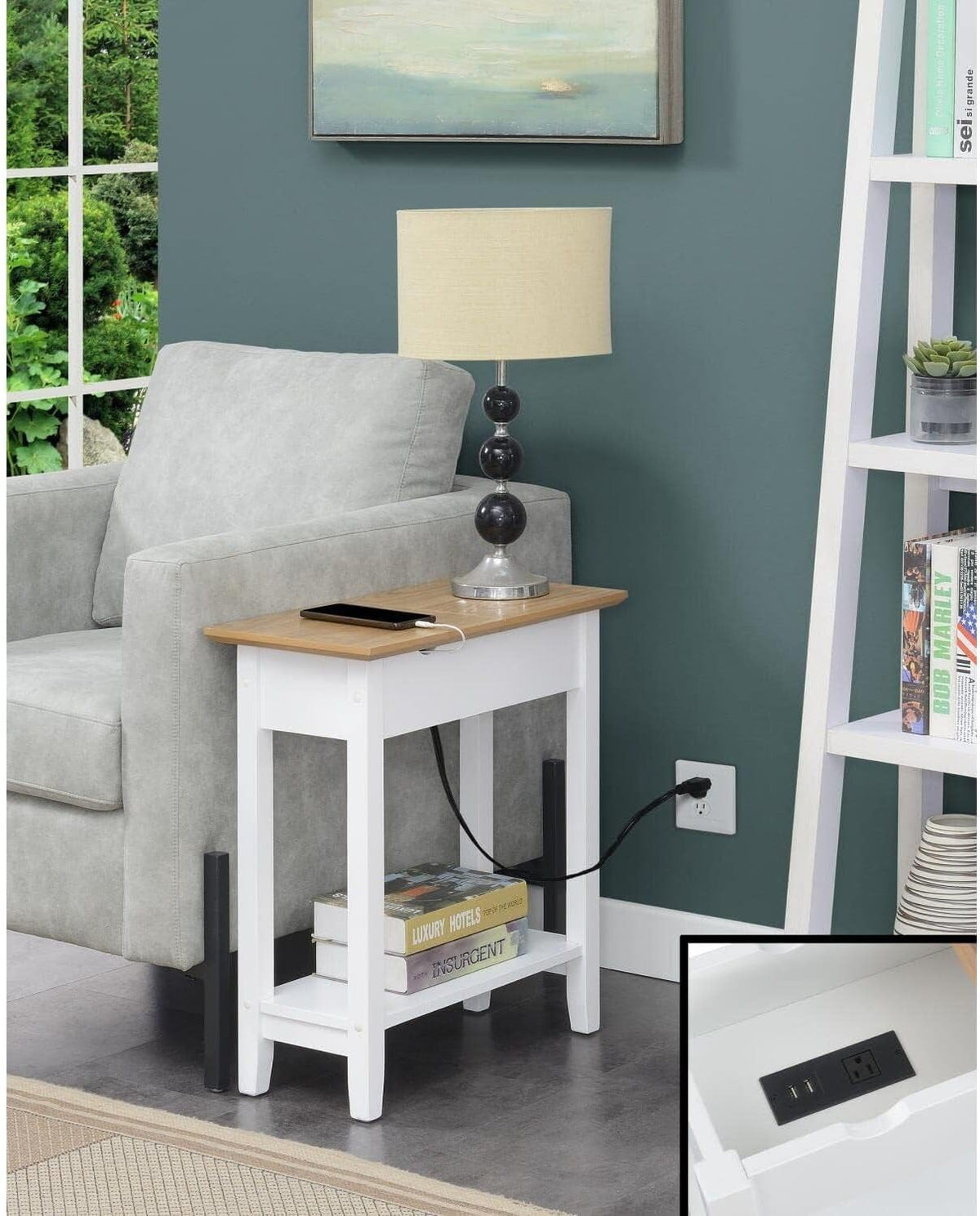 HomeStock Cool Flip Top End Table with Charging Station, 23-in x11-In x24-In, Driftwood/White, Hidden Storage, USB & Power Outlets, Stylish & Functional for Any Space