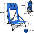 Beach Chairs for Adults Blue 1 Pack | High Back, Low Profile, 22.5'' Wide, Headrest, Breathable Mesh, Portable, Outdoor, Beach, Concert