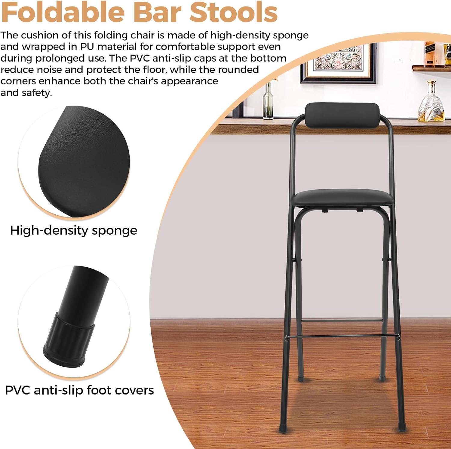 Folding Stool, Cushioned Padded Folding Stool Portable Bar Stool with Back for Camping Kitchen Home Office, Tall Bar Collapsible Stools (Black, 1Pcs 29.53in)