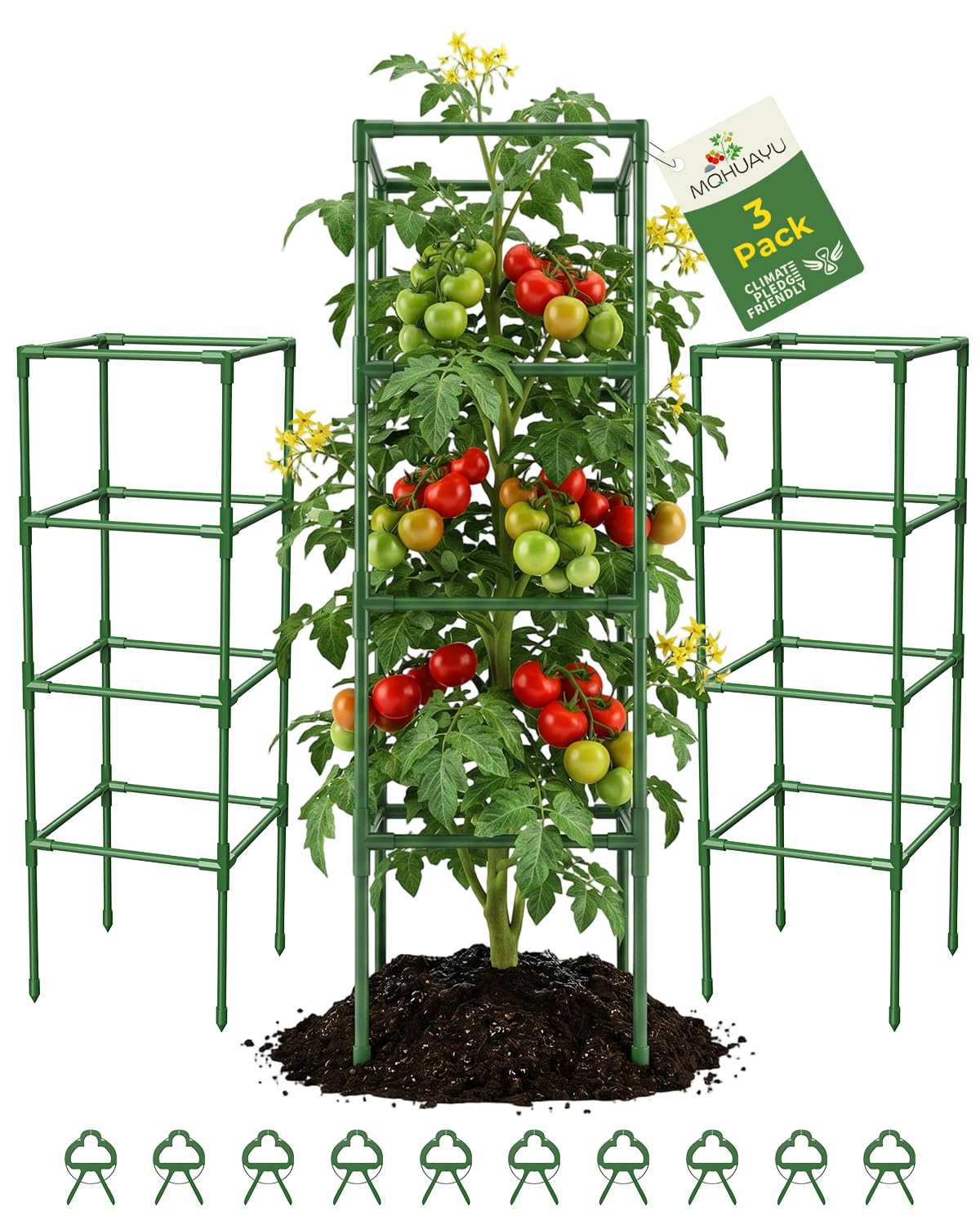 MQHUAYU 3 Pack Tomato Cages,Square Tomato Plant Stakes Support Cages Trellis for Garden Climbing Vegetables Flowers Fruits,Extra Bold