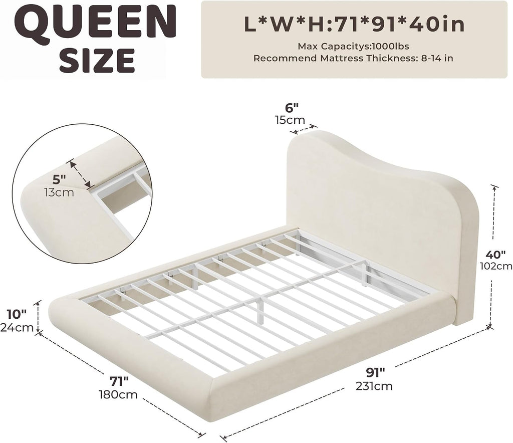 RECCI AirFrame Queen Upholstered Bed Frame with Camelback Curved Headboard