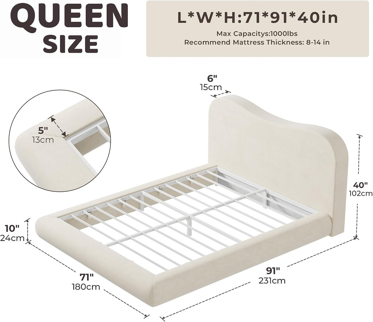RECCI AirFrame Queen Upholstered Bed Frame with Camelback Curved Headboard