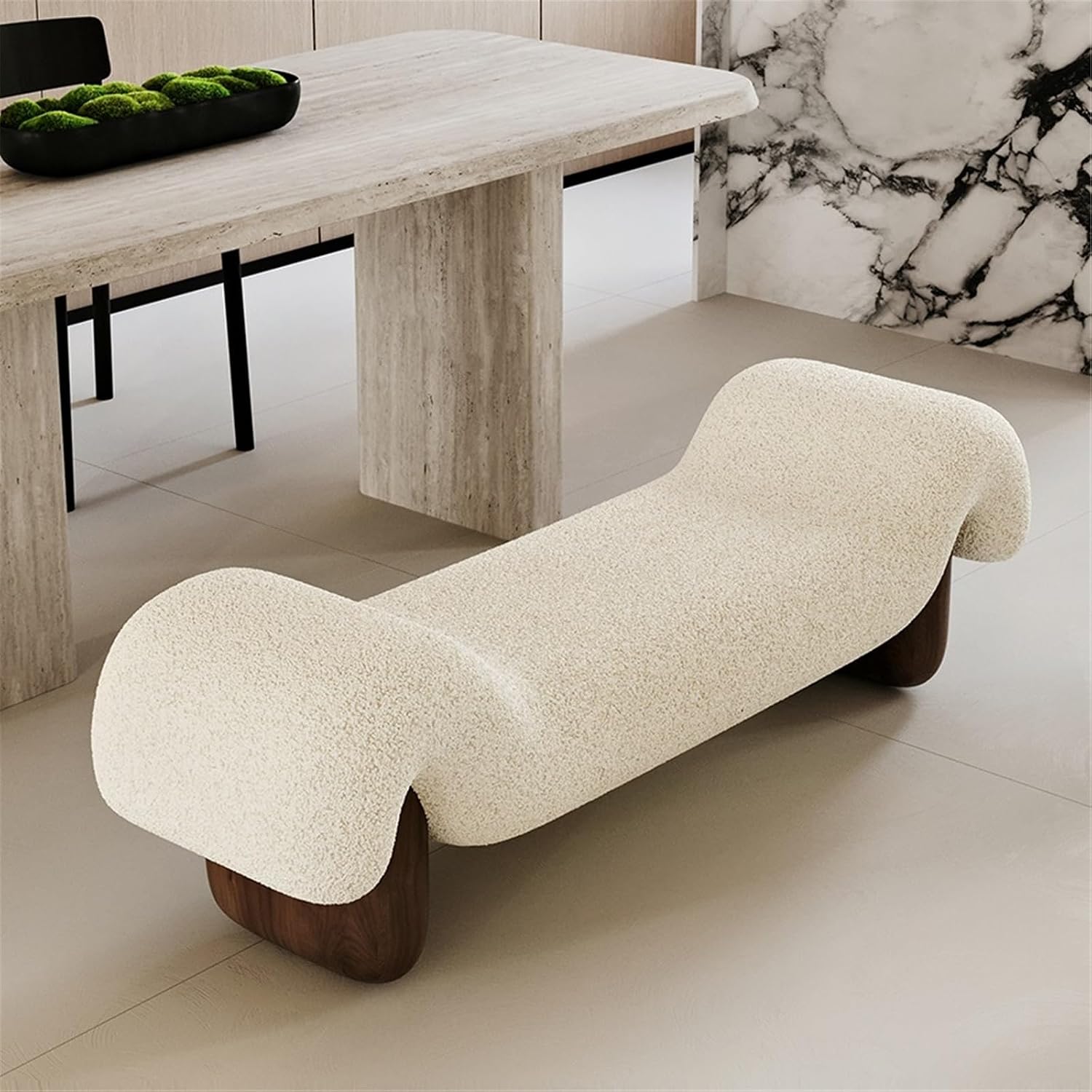 Modern White Wooden and Fabric Sofa Stool Retro Style for Changing Shoes Bedroom Bedside and Dressing Room Entryway(Medium)