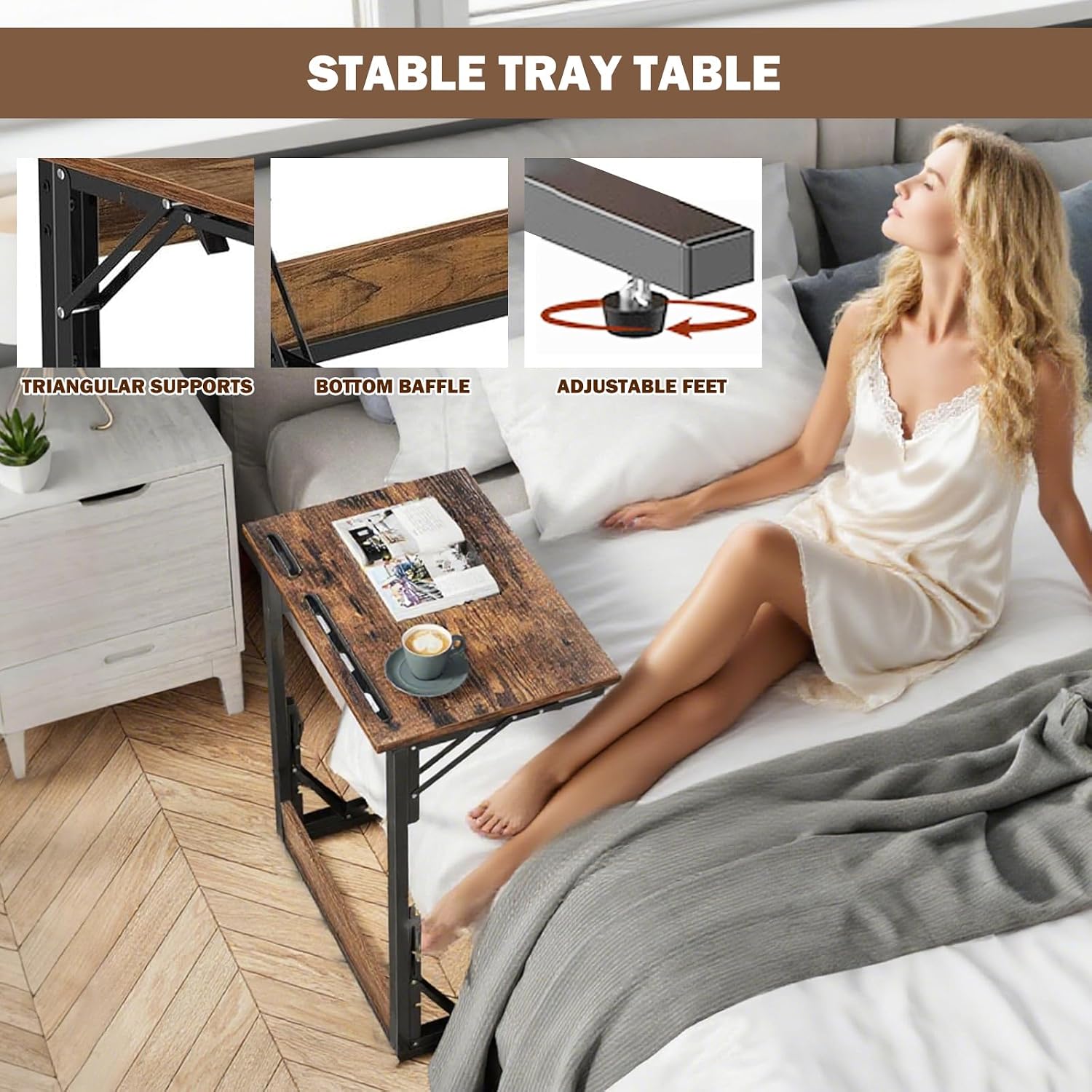 Folding TV Trays Set of 2 , Adjustable Height TV Trays for Eating on Couch | TV dinner tray table with tablet&phone slots,c shaped end table,laptop desk for sofa,bedside,recliner,dining,working,gaming