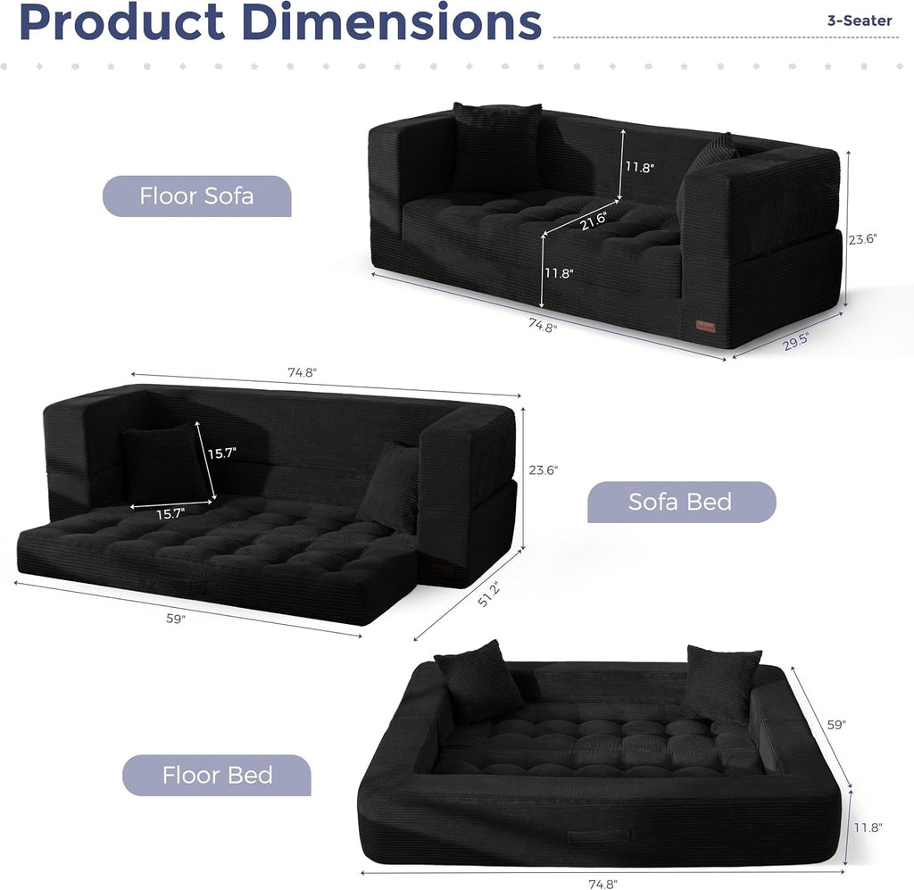 MAXYOYO Folding Sofa Bed, Convertible Loveseat Couch with Pillow | 3-Seat Foldable Floor Sofa Bed with Back Support, Tufted Floor Couch with Side Pocket & Armrests for Living Room, Apartment
