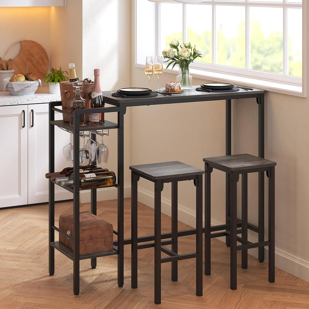 Weehom Bar Table and Chairs Set for Small Kitchens and Apartments - Space-Saving Dining Table Set for 2, 3 Storage Shelves with Bulit-in Wine Rack, Dining Room Breakfast Nook Table Set, Gray