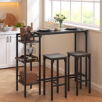 Weehom Bar Table and Chairs Set for Small Kitchens and Apartments - Space-Saving Dining Table Set for 2, 3 Storage Shelves with Bulit-in Wine Rack, Dining Room Breakfast Nook Table Set, Gray