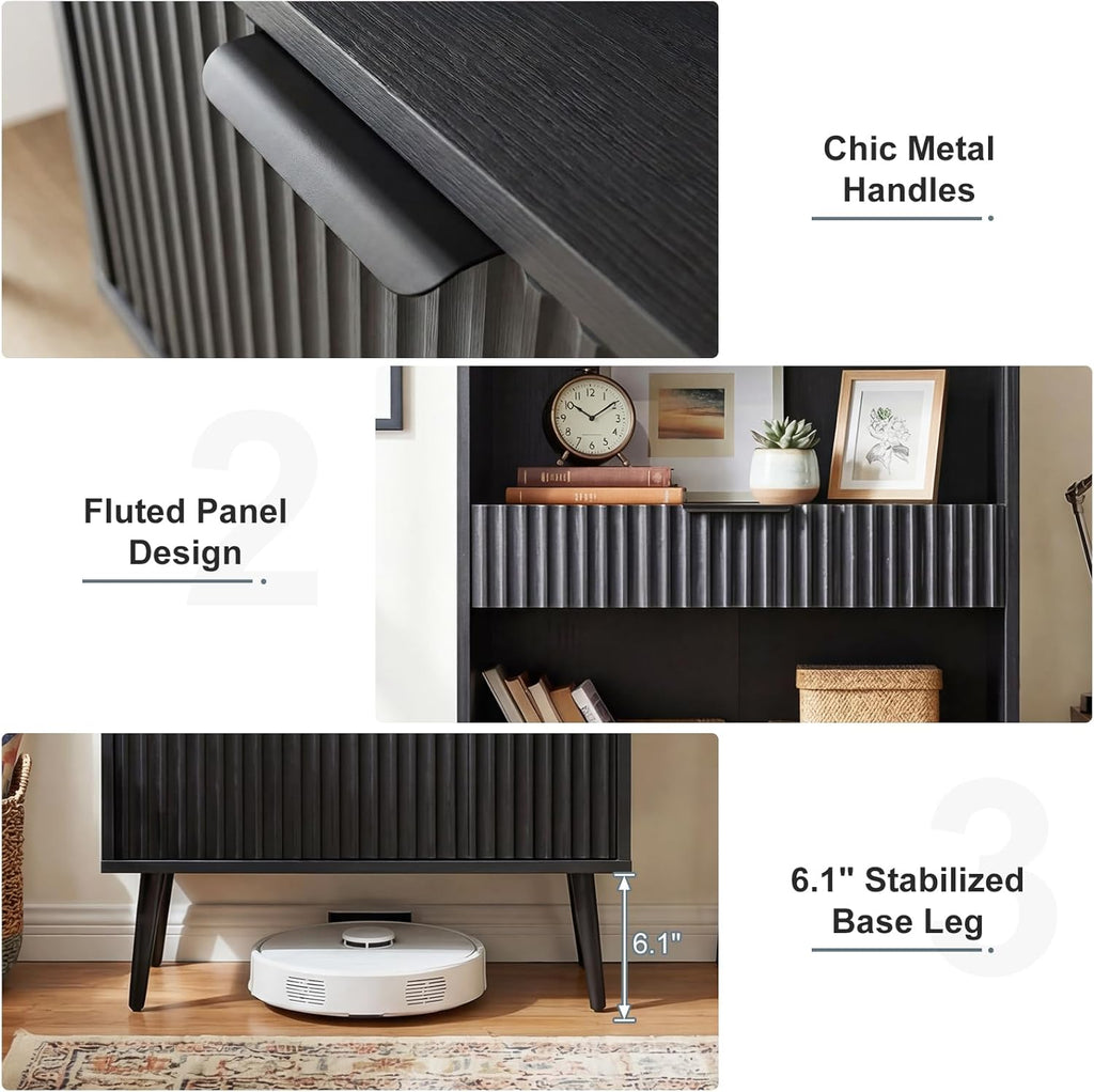 Bathroom Storage Cabinet Set of 2, 47.2" Wide 5-Tier Freestanding Pantry Cabinet with 6 Extra-Large Drawers & 2 Open Shelves, Fluted Floor Organizer Cupboard for Kitchen, Living Room, Anti-Tip, Black