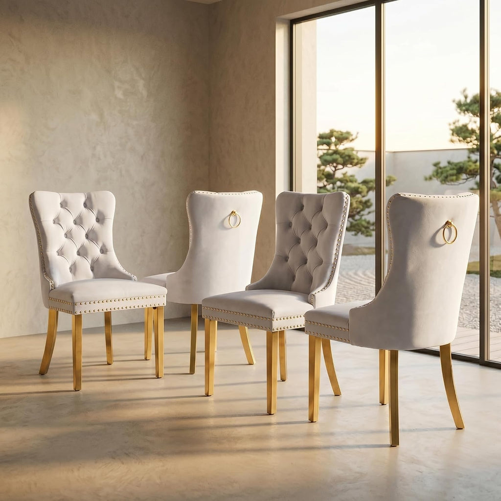 Velvet Dining Chairs Set of 4, Mid Century Tufted Dining Room Chairs with Nailhead Back Ring, Metal Legs, Modern Style for Kitchen, sillas de comedor (Beige, Golden Legs, 4 Pcs)