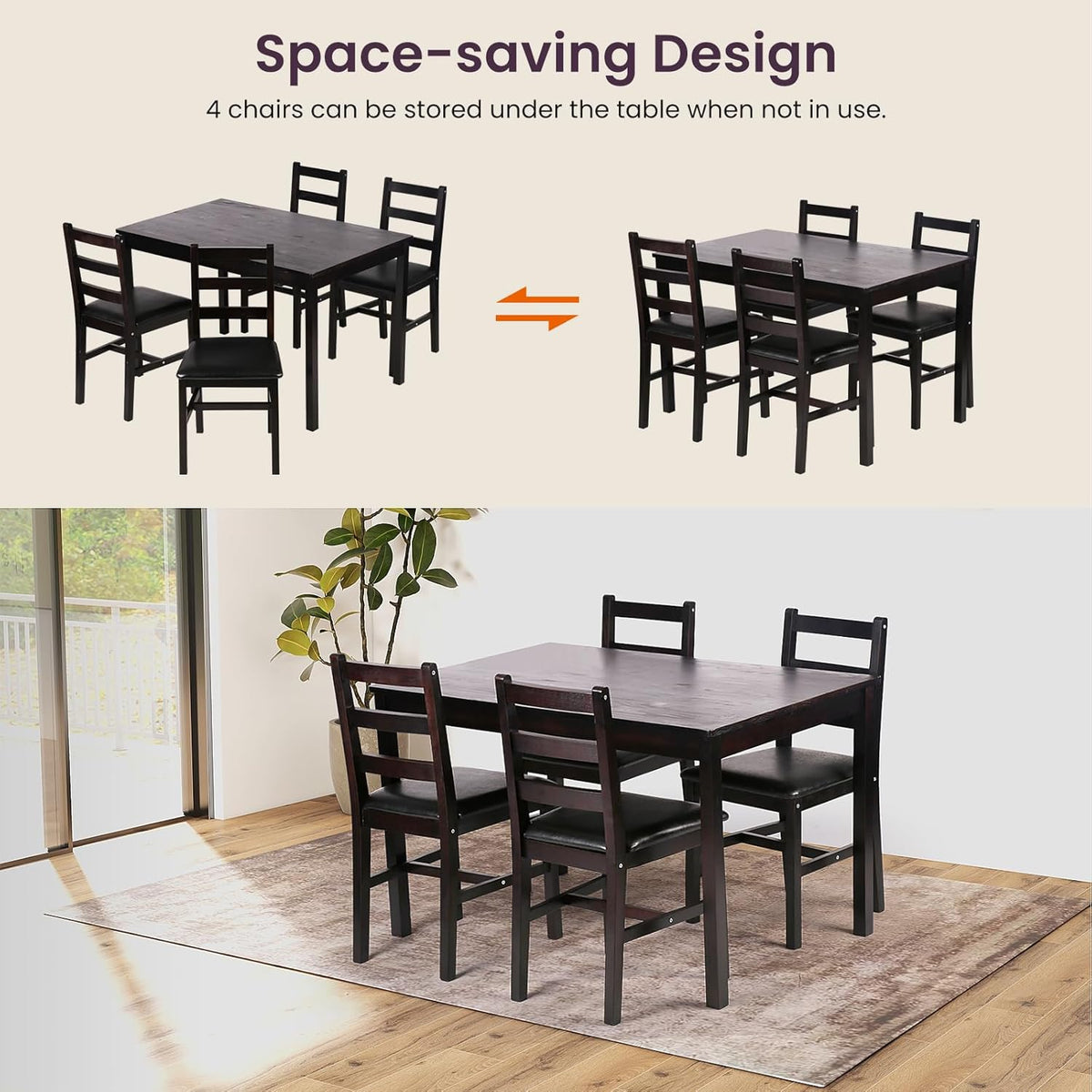 Dkelincs 5 Piece Dining Table Set Kitchen Table and Chairs for 4 Modern Wooden Rectangular Dining Room Table with 4 Chairs for Kitchen, Restaurant, Small Space, Dark Brown