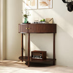 Entryway Table, Artisan-Crafted Half Moon Fluted Console Tables with 2 Rattan Storage,Small Half Circle Tables for Hallway, Narrow Round Accent Decort Table for Living Room (Brown)