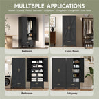 COFaR 71 Farmhouse Metal Wardrobe Closet with Hanging Rod, 2 Barn Doors, Adjustable Shelves, Steel Armoire with Drawer for Home, Bedroom Black