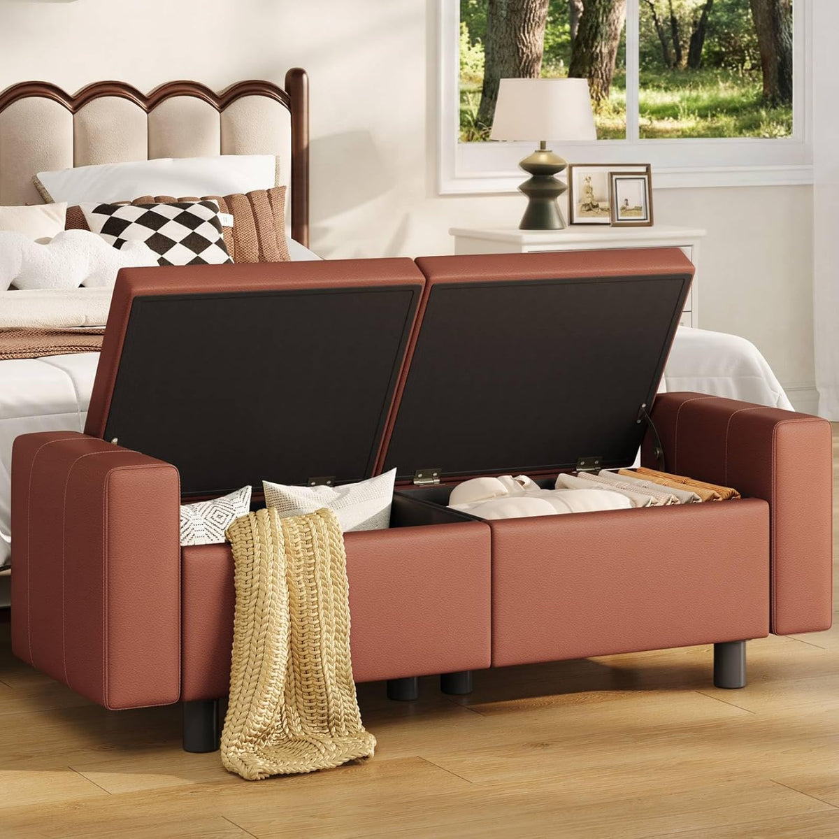 HOOBRO Ottoman with Storage, 46.7'' Storage Ottoman Bench with Safety Hinge, Storage Bench with Metal Legs, Synthetic Leather with Stitching Bench for Living Room, Entryway, Brown BR120CW01