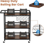 Leteuke Bar Cart for Home, 3 Tier Rolling Serving Carts with Wheels | Drink Cart, Liquor Stand with Removable Tray, Wine Rack and Glass Holder for Kitchen, Outdoor, Dining Room-Black Brown