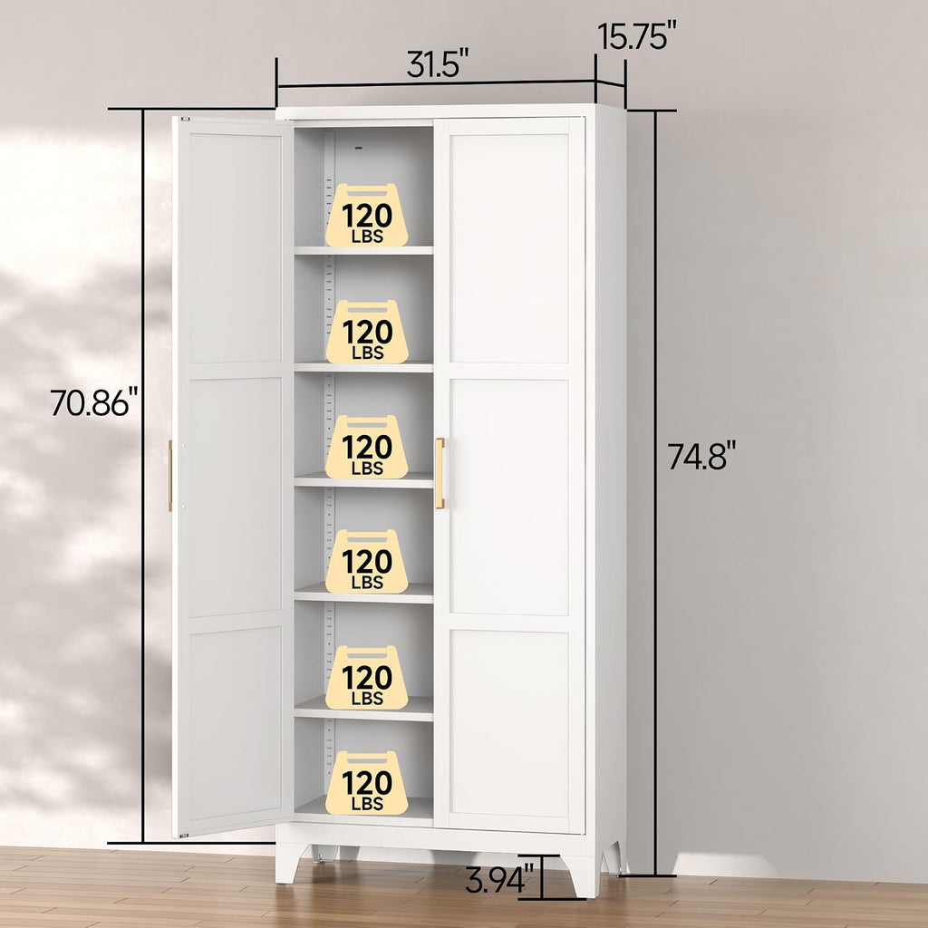 Coolsun Metal Pantry Cabinet, 71" Kitchen Pantry Storage Cabinet with 2 Doors and 4 Adjustable Shelves, Food Pantry Cabinet for Kitchen, Living Room, Dining Room, Home Office
