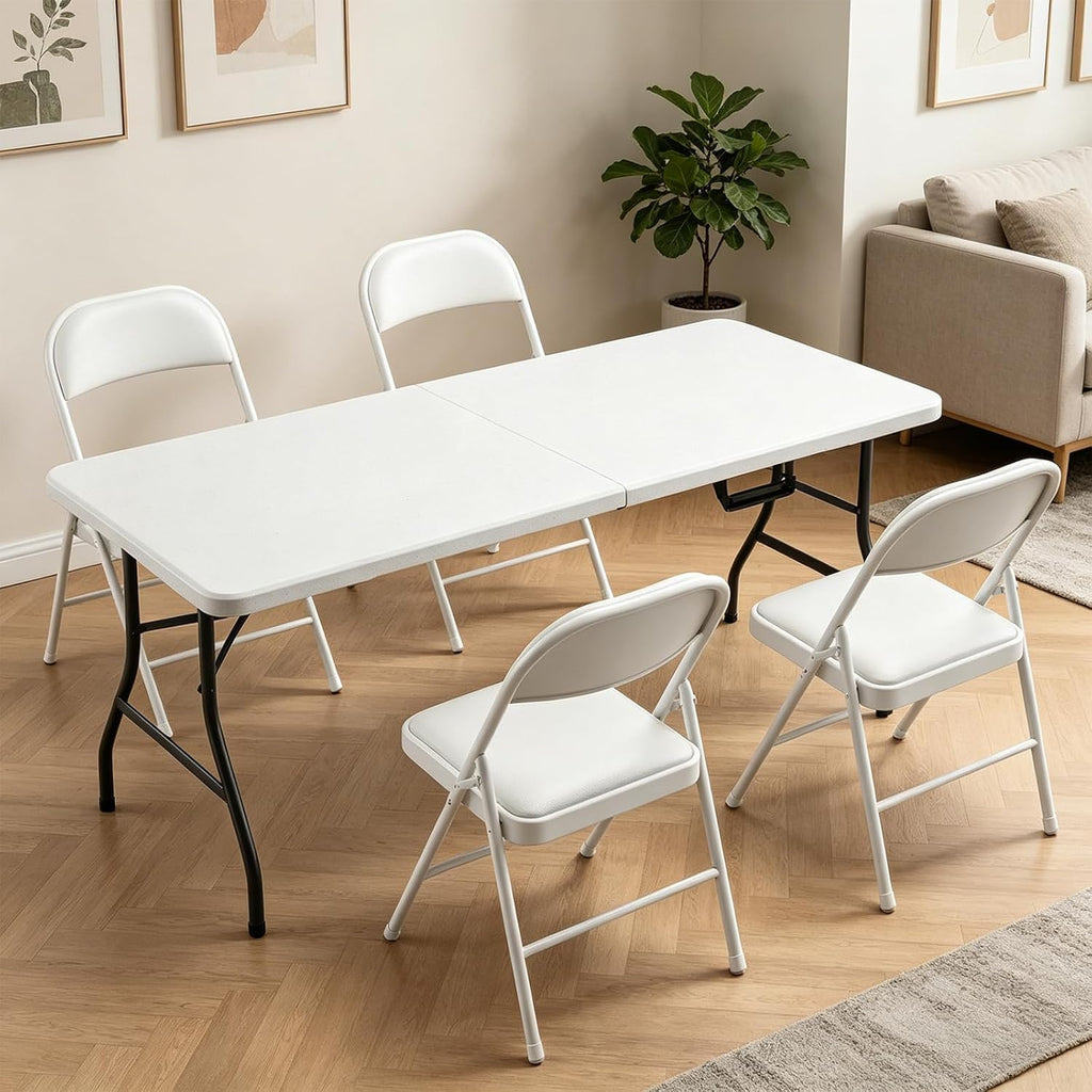 Portable 5-Piece Folding Table and Chairs Set for 4 – Heavy-Duty 5FT Foldable Plastic Table with Carrying Handle &4 PU Leather Padded Chairs,All-Weather Indoor Outdoor for Party Wedding Picnic Camping