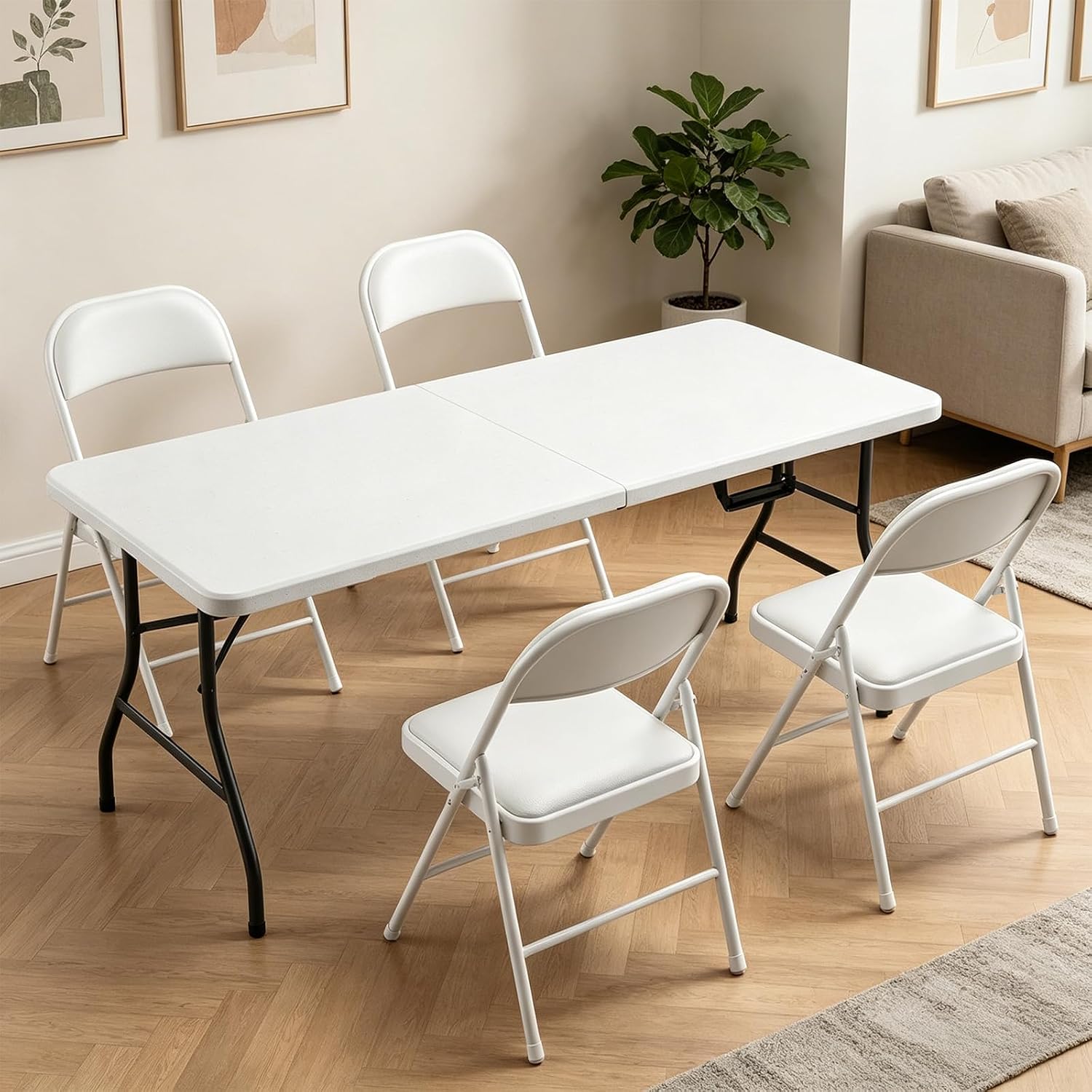 Portable 5-Piece Folding Table and Chairs Set for 4 – Heavy-Duty 5FT Foldable Plastic Table with Carrying Handle &4 PU Leather Padded Chairs,All-Weather Indoor Outdoor for Party Wedding Picnic Camping