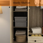 WOODTIME Rattan Armoire Wardrobe Closet with 7 Shelves, 5 Drawers & Hanging Bars, 59" L Wooden Wardrobe Clothes Storage Cabinet for Bedroom, Guest Room, Brown