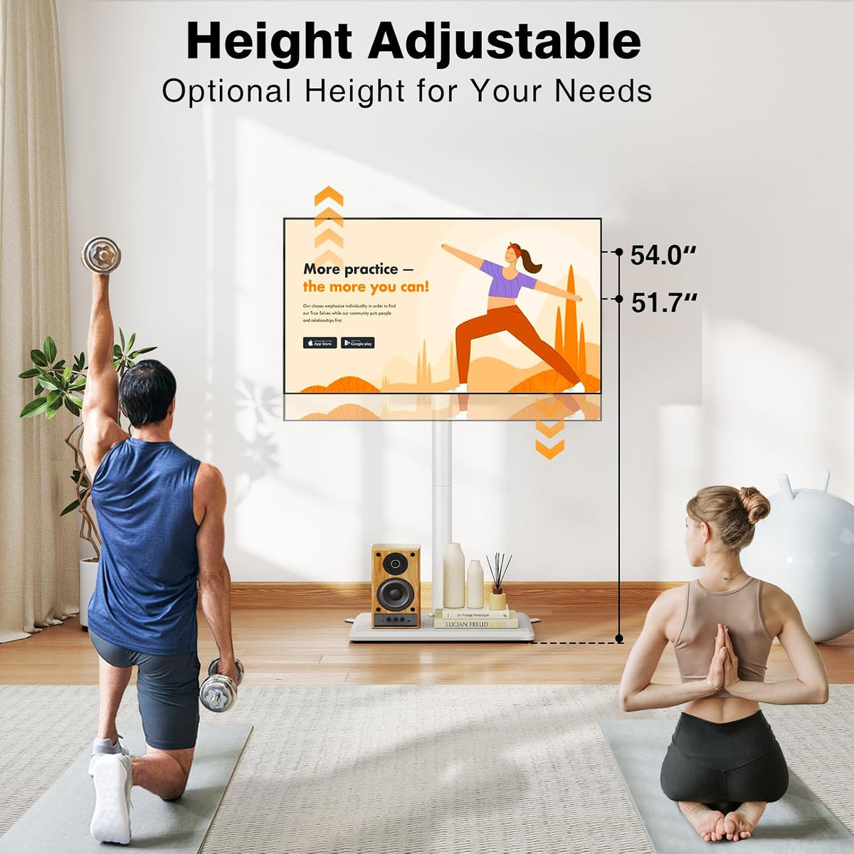 TVON Universal Floor TV Stand with Mount for Most 32-65 Inch TV up to 88lbs | Height Adjustable TV Floor Stand with Wood Base for Space Saving (WHITE, Wooden Base)
