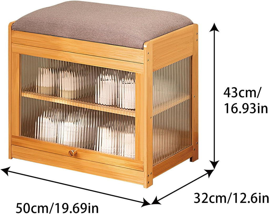 Shoe Storage Bench- Bamboo Entryway Bench with Seat Cushion, 2-Tier Shoe Rack with Removable Dividers and Hidden Storage Space, Organizer Ottoman for Bedroom, Mud Room, Patio, Natural-Small