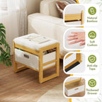 Storage Ottoman, Bamboo Footstool with Drawer, 3-in-1 Soft Ottoman with Storage, Multifunctional Footrest, Seat & Organizer for Living Room, Bedroom, Entryway Gift Set for Family