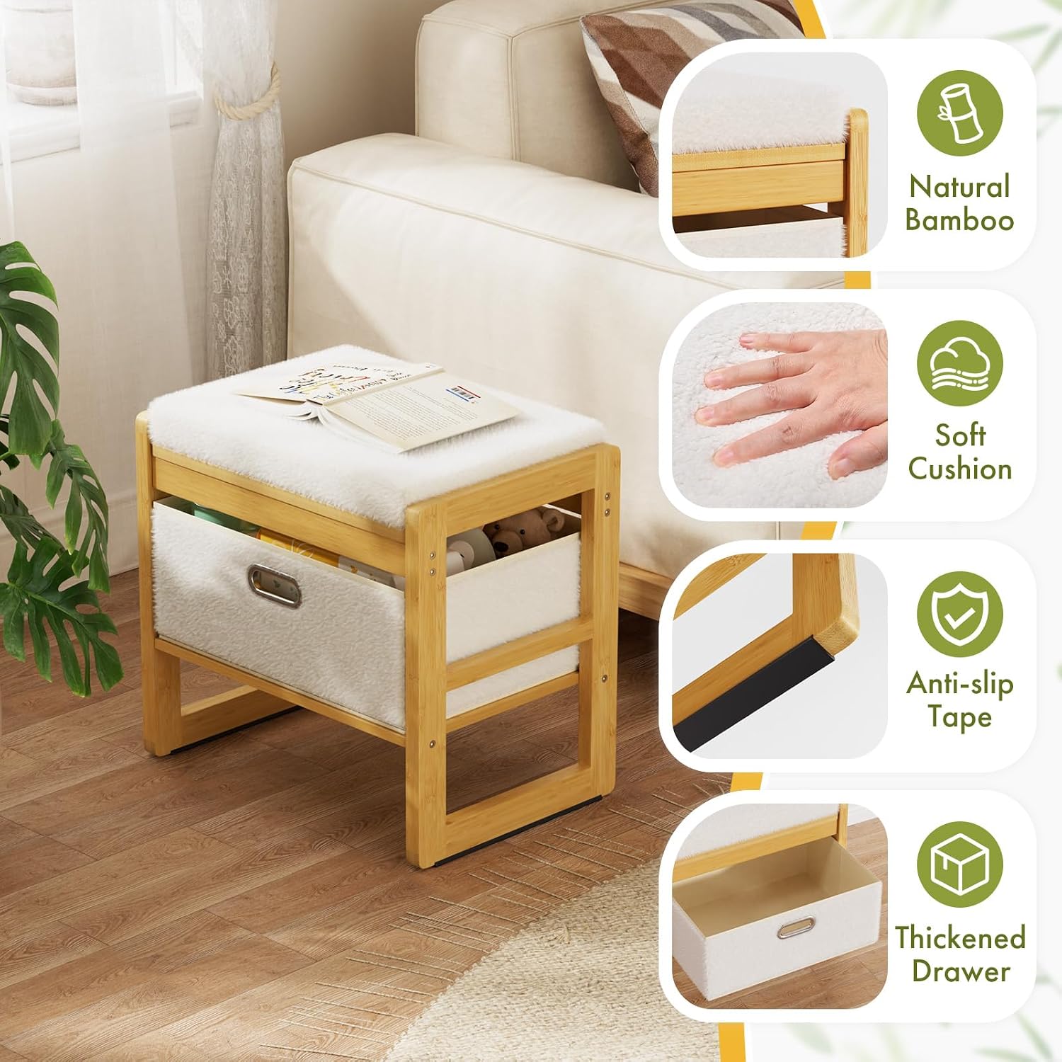 Storage Ottoman, Bamboo Footstool with Drawer, 3-in-1 Soft Ottoman with Storage, Multifunctional Footrest, Seat & Organizer for Living Room, Bedroom, Entryway Gift Set for Family
