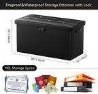 DocSafe Storage Ottoman Bench with Lock,Fireproof 30 Inches Folding Bench Foot Rest Stool Storage Chest Safe for Living Room,Bedroom,Home Office,Waterproof Leather Ottoman with Handles,Black