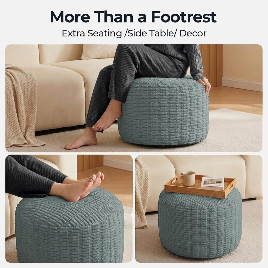 Round Pouf Ottoman Stuffed Corduroy Poufs Foot Rest with Foam Filling Fluffy Pouf Storage Ottoman Relax Stool for Living Room Couch 20 X 15 Inches, Haze Blue