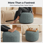 Round Pouf Ottoman Stuffed Corduroy Poufs Foot Rest with Foam Filling Fluffy Pouf Storage Ottoman Relax Stool for Living Room Couch 20 X 15 Inches, Haze Blue