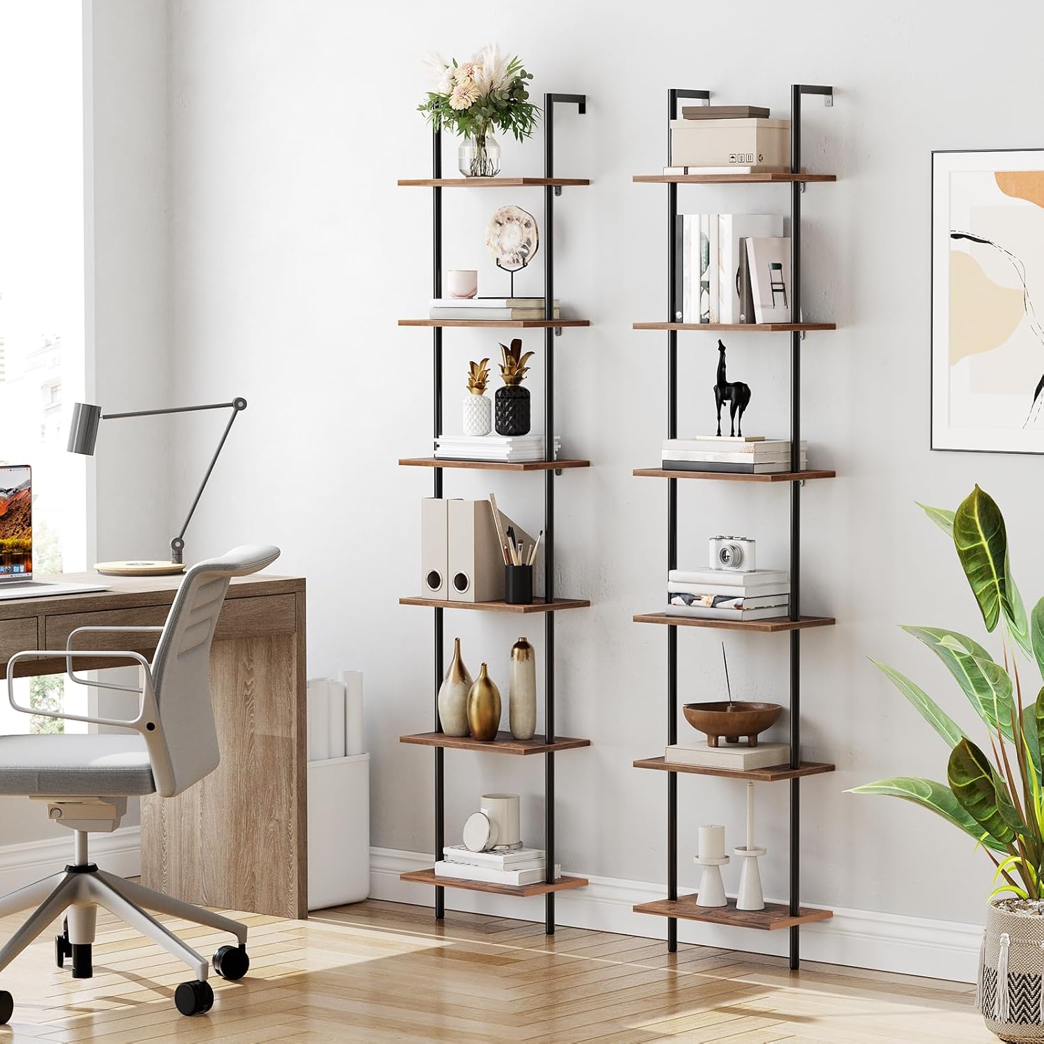HOOBRO DIY Ladder Shelf, 6-Tier Wooden Wall Mounted Bookshelf, Narrow Bookcase, Display Shelf, Storage Rack, Plant Stand, for Living Room, Bedroom, Study, Balcony, Rustic Brown and Black BF651CJ01