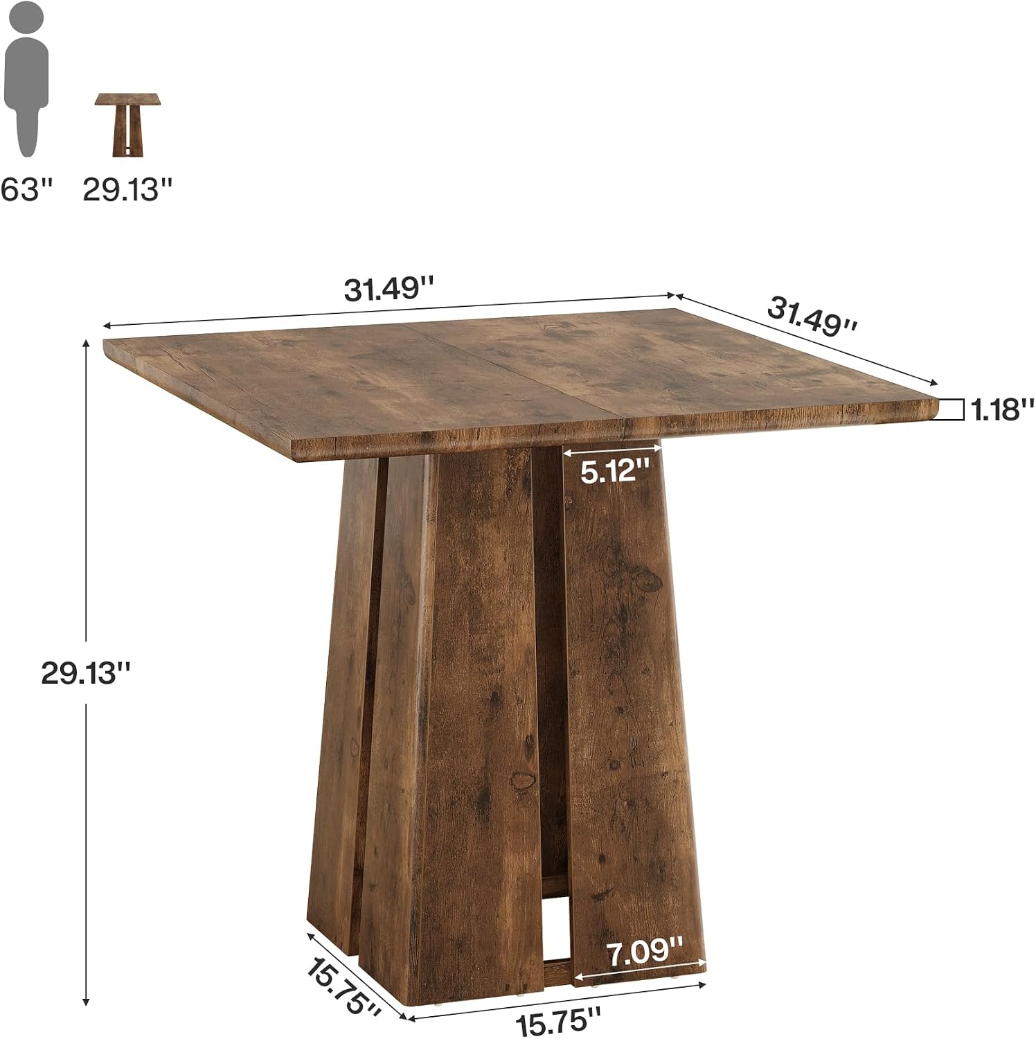 LITTLE TREE Wooden Square Dining Table 4 Sets, 31.5" Farmhouse Kitchen Table with Heavy-Duty Pedestal Base, Dinner Furniture for Dining Room, Living Room, Kitchen (1, Rustic Brown)