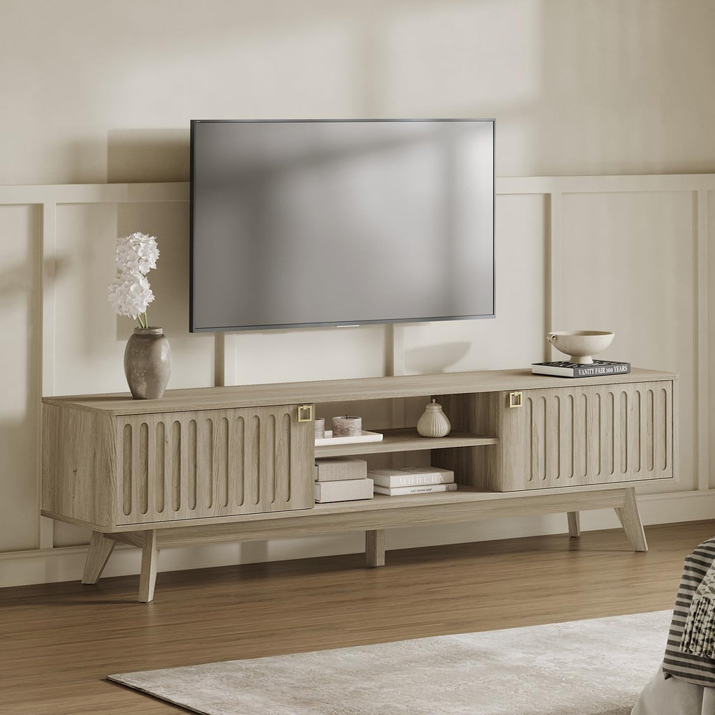 SICOTAS Fluted Modern TV Stand, 70" TV Console for Living Room | Mid Century Entertainment Center with Storage Cabinets, Media Console Table for 65/75/80 Inch TV, Light Oak