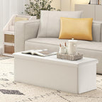 GOFLAME 43 Inches Folding Storage Ottoman Bench, PU Leather End of Bed Bench with Padded Seat and Side Pocket, Large Foot Rest Stool, Storage Chest for Entryway, Living Room, Bedroom, White