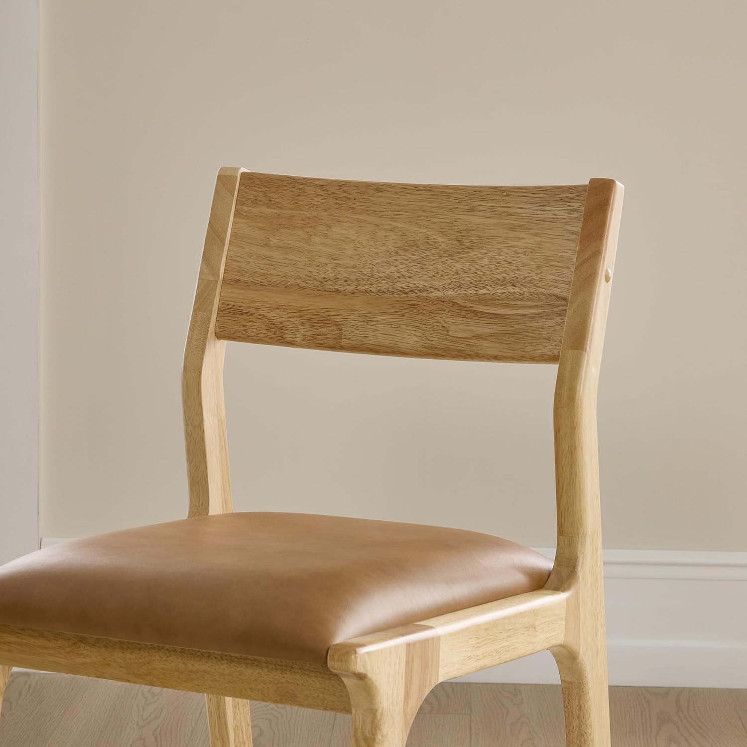 Watson & Whitely Wood Dining Chairs Set of 2, Modern Leather Upholstered Kitchen Chairs with Ergonomic Curved Backrest and Solid Wood Frame, Farmhouse Chairs for Dining Room, Living Room, Camel