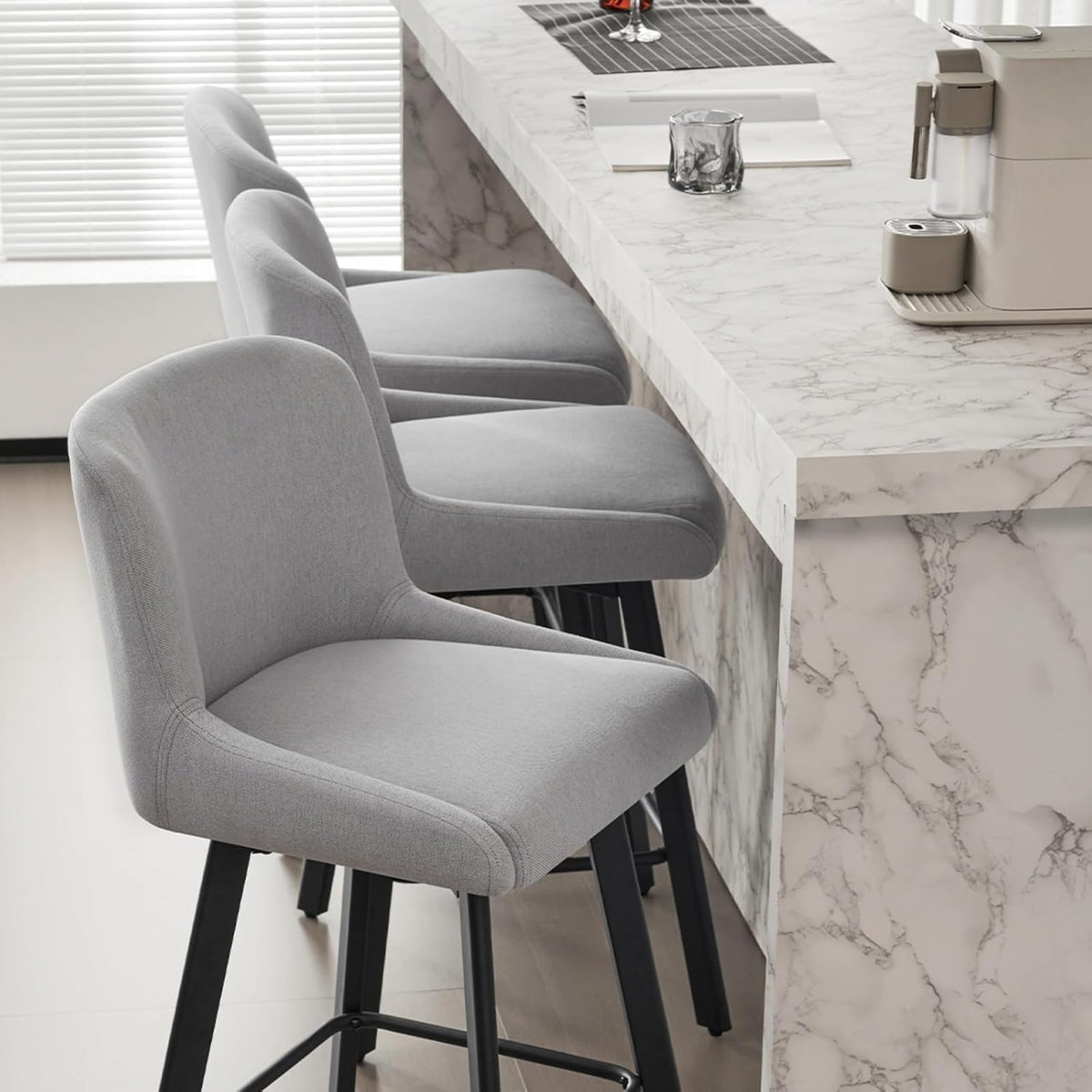 SAECKBERG Swivel Bar Stools Set of 3, 26''H Upholstered Barstools with Backs, Modern Counter Height Bar Stool Chairs for Kitchen Island, Metal Legs, Light Gray Fabric Counter Stools