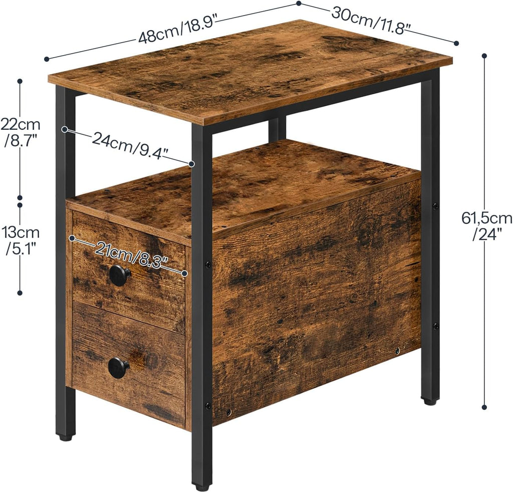 HOOBRO End Table, Narrow Chairside Table with Drawer and Open Storage Shelf, Nightstand for Small Spaces, Stable and Sturdy Construction, Wood Look Accent Furniture, Rustic Brown and Black BF548BZ01G3