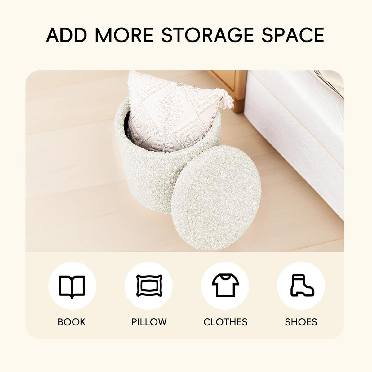 PINPLUS Ottoman with Stroage Round Boucle Ottoman and Tray Sherpa Removable Foot Stool Coffee Table for Dorm, Living Room White, 16.9"x16.9"x17.7"